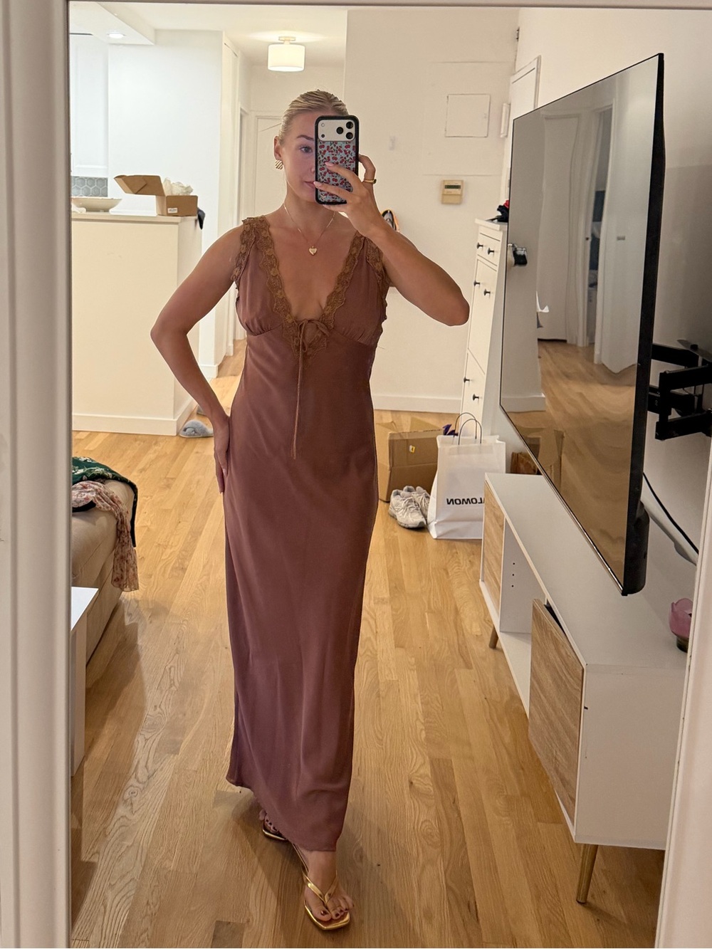 Bailey Rose Mauve Silk Lace Tie Bow Maxi Dress